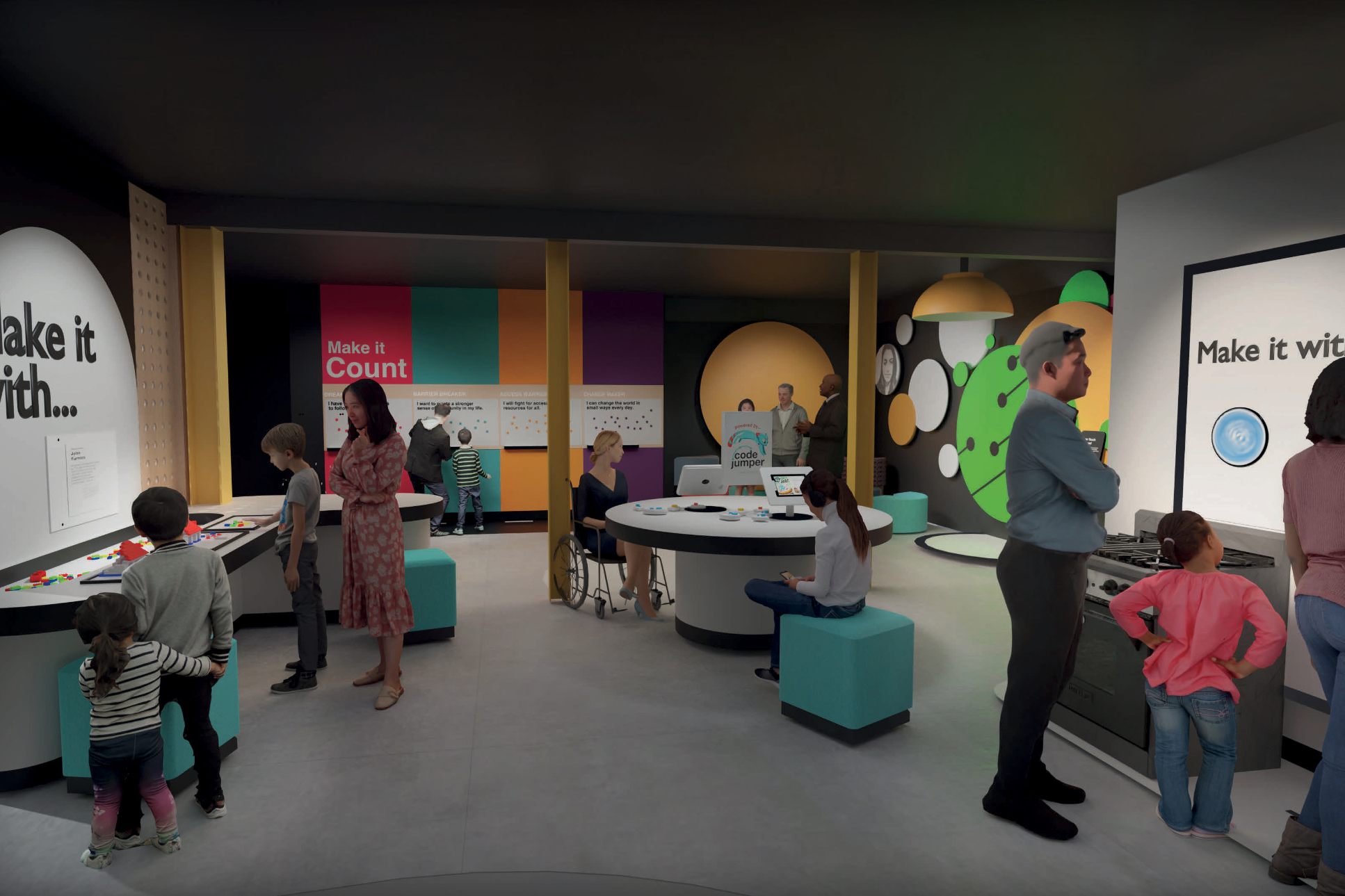 A colorful, interactive science and technology exhibit space with families and children engaged at hands-on stations. The room features round tables, bright wall displays with phrases like 'Make it Count,' and signage encouraging creativity such as 'Make it with….' Visitors of different ages and abilities, including a person in a wheelchair, explore activities involving shapes, and buttons.