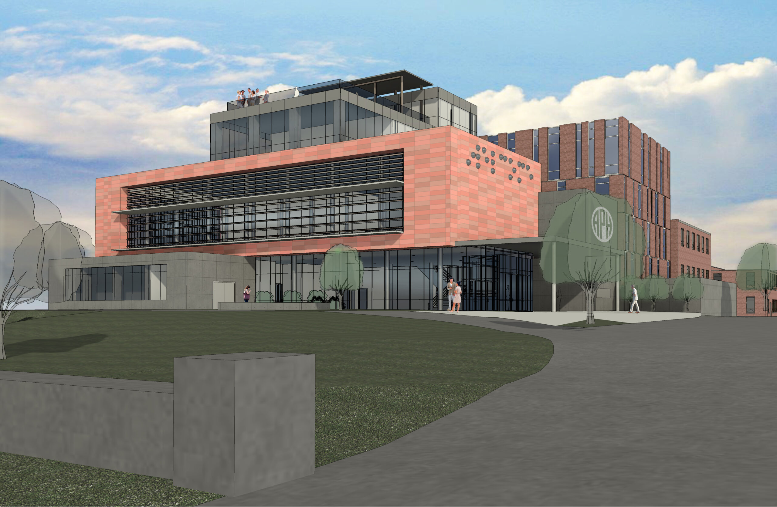Architectural rendering of the APH building with multiple levels, featuring a blend of brick and glass exteriors. The structure, which is surrounded by landscaping, includes terraces and the APH logo on the side of the building.