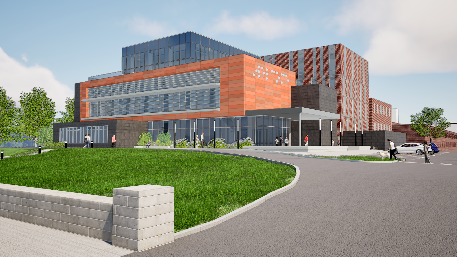 Architectural rendering of the APH building with multiple levels, featuring a blend of brick and glass exteriors. The structure, which is surrounded by landscaping, includes terraces and the APH logo on the side of the building.