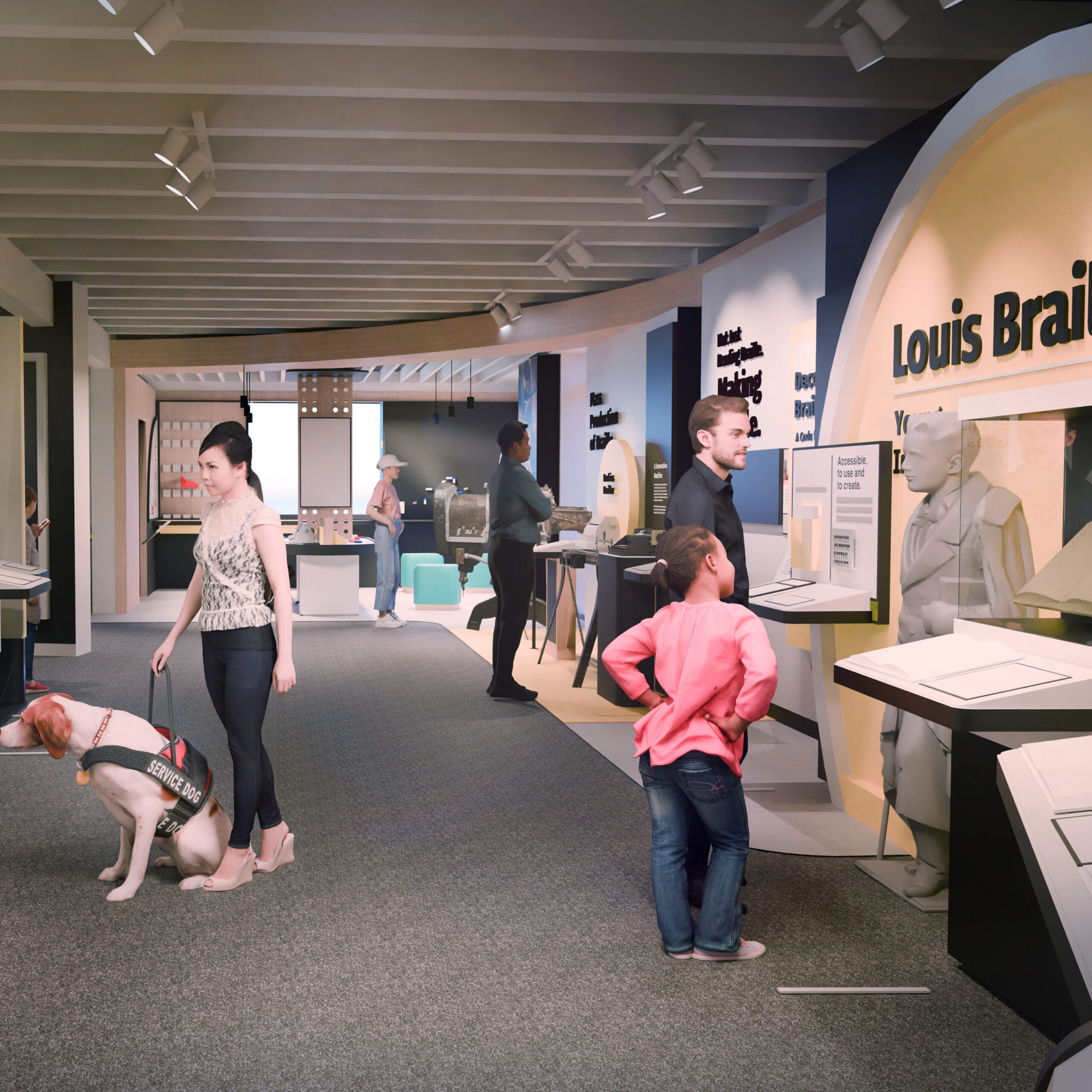 The drawing shows people stopped in front of exhibits in the Louis Braille gallery, including a guide dog.