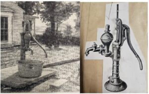 Two different pumps side by side. One is the pump that APH has ascertained is the original "water pump moment" pump. The other is a Flint & Walling product of a Hoosier 260. It has similar features, but they are not a close enough match.
