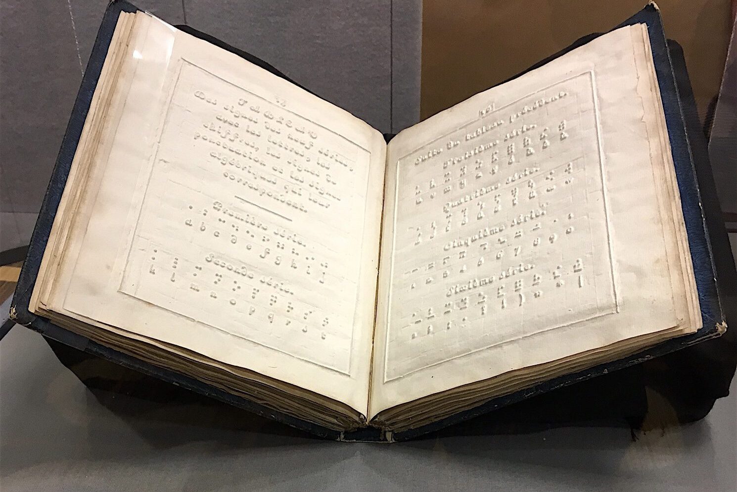 The first publication of the braille code, with embossed raised letters.
