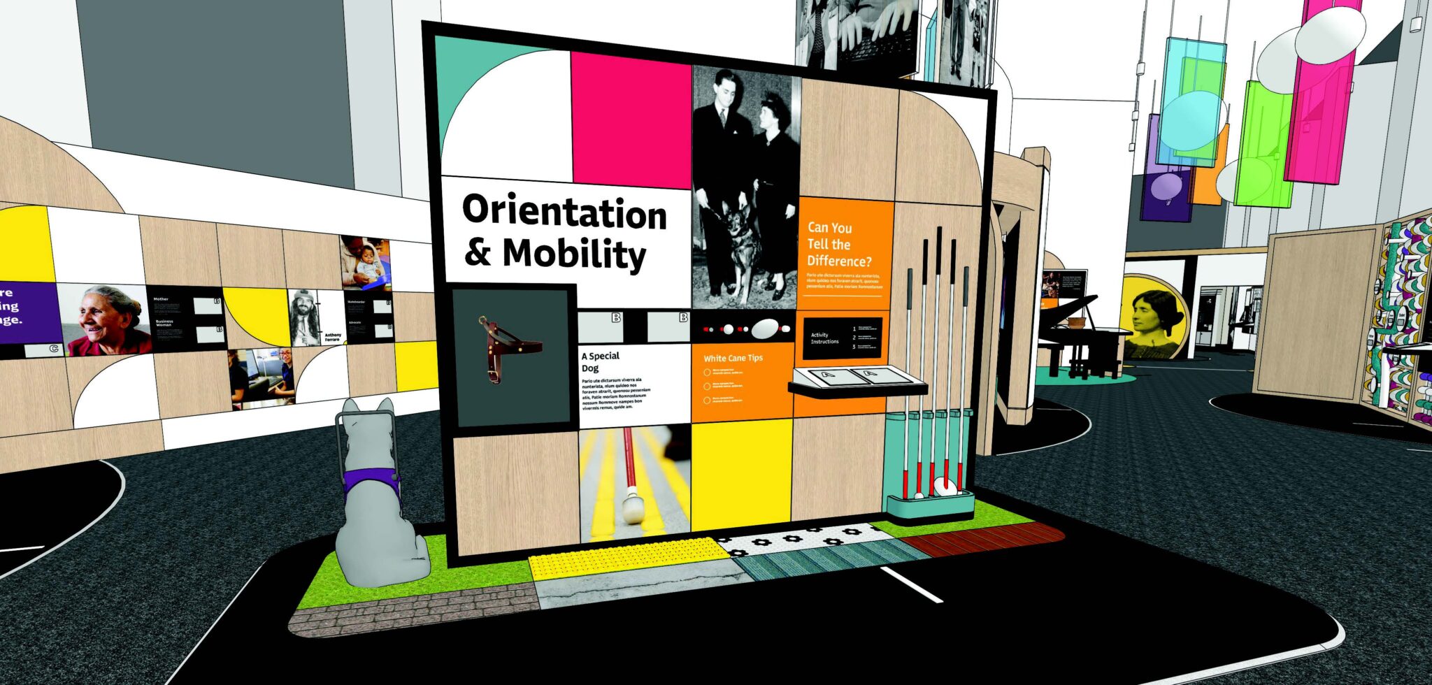 A rendering of the Orientation and Mobility booth.