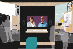 From inside the media pod, the central wall with monitor, speakers, and an interpretive ledge is the primary focal point. The black acoustic wall spans the height of the pod interior, trimmed by light wood; two speakers are mounted on either side of the horizontally mounted monitor; the white counter with wood trim holds the braille, graphic panel, and an activation keypad. The monitor on the black wall is horizontal with an image of two featured cast members (Denna Lambert and Chris Downey) in front of a purple screen backdrop. Below the counter is a square, teal stool. To the left of image, the “Welcome Everyone” space is visible. Through the right doorway is the “Navigation” media pod and gallery space.