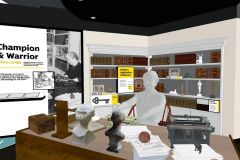 Facing the southeast corner of the gallery, Helen’s coffee-colored wooden desk and a seated life-cast figure of Keller are prominently featured in the center, front of the image. Drawing from reference photos, her desktop is full of objects such as small busts, wooden boxes, stacks of paper, and a braillewriter. Helen’s arms, outstretched, are posed actively. The floor under the desk consists of high-contrast tactile strips and perimeter edging, helping to define the edge of the desk from the surrounding gallery and floor transitions. The inset bookcases behind the desk feature a myriad of leather-bound books, additional paper materials, interpretive panels, and a selection of touchable and encased objects. On the left bookcase, two white and yellow interpretive panels provide story moments: one for Keller’s key to the city from San Antonio, featuring a touchable key, and a second panel, with the title, “Keller’s Legislative Influence.” To the right of the second bookcase segment (on the south wall of the gallery) is the faux office window.