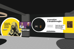 To the right, a black, white, and yellow wall structure features raised black letters that read, Innovation and Breakthroughs. On the left, a large yellow circle framed in white features a dimensional black and white portrait of Stevie Wonder. Below the exhibit copy is a braille reader rail. To the right of the yellow circle is a large monitor featuring an image of Mike May and Larry Skutchan together against a purple background. Towards the center of the wall is a black circle with mounted, juxtaposed artifacts: a Monarch and a braille slate. On the right side of the structure, on a yellow backdrop, is a touchable type cabinet drawer.