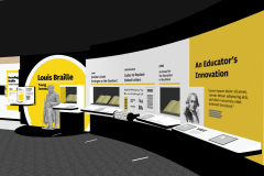 On a concave white and yellow wall a bold black title reads An Educators Innovation featuring three inset display cases housing four rare books from the APH collection. Along the curved wall, just below the inset artifact cases, three angled white counters trimmed in black span the length of the cases broken in the center by a cylindrical, spinnable, braille interactive. Each counter presents tactile representations of the rare books and corresponding braille panels. Interpretation is interspersed between the cases, with titles reading: An Educators Innovation, An Essay for the Education of the Blind, Codes to Replace Raised Letters, and Braille Code Emerges as the Standard. This display curves to the left into the Decoding Braille section where a life-cast statue of Louis Braille is visible.
